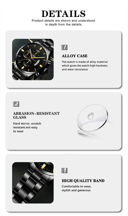 Luxury Black Stainless Steel Men's Watch with Calendar Feature - Smarsty