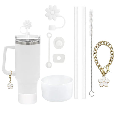 9pcs Accessories Set 3 Spill Proof Stopper Flowers Straw Cover Boot 2 Straw and Brush and 1 Flower Charm Chain for Stanley Cup - Smarsty