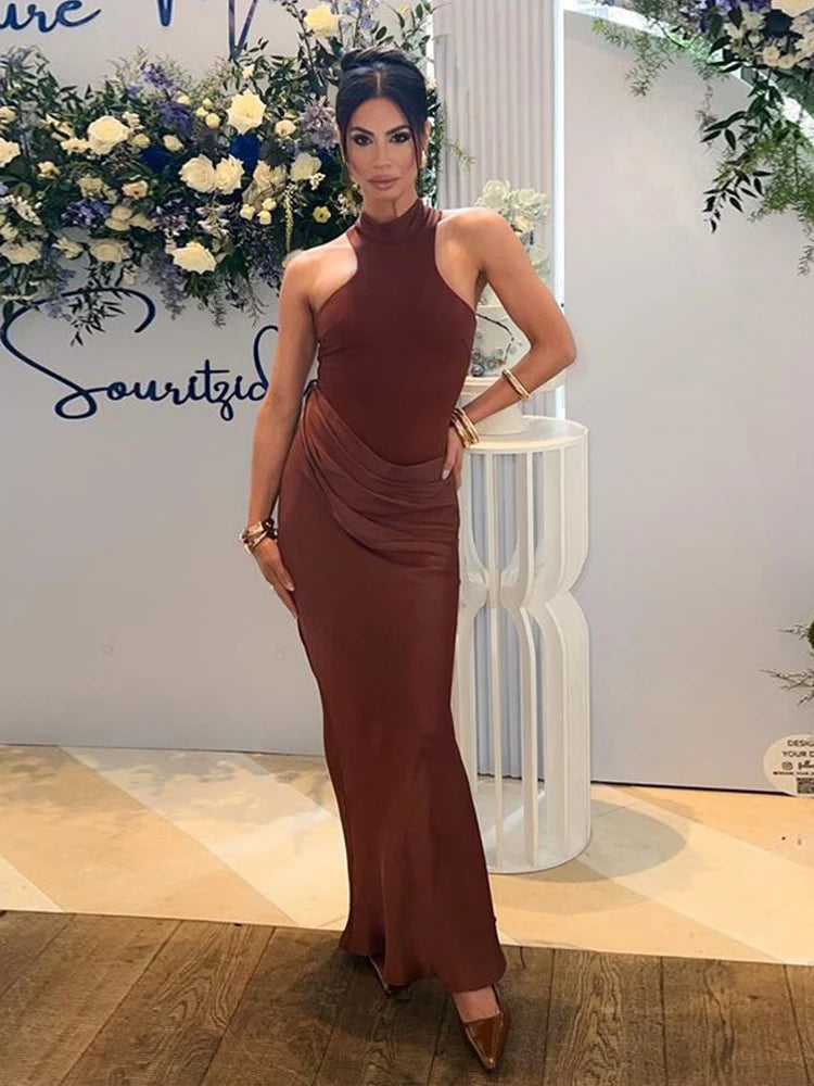JULISSA MO Satin Sexy Hollow Out Women Maxi Dress Black Sleeveless High Waist Dress Female Autumn Skinny Elegant Party Clubwear - Smarsty