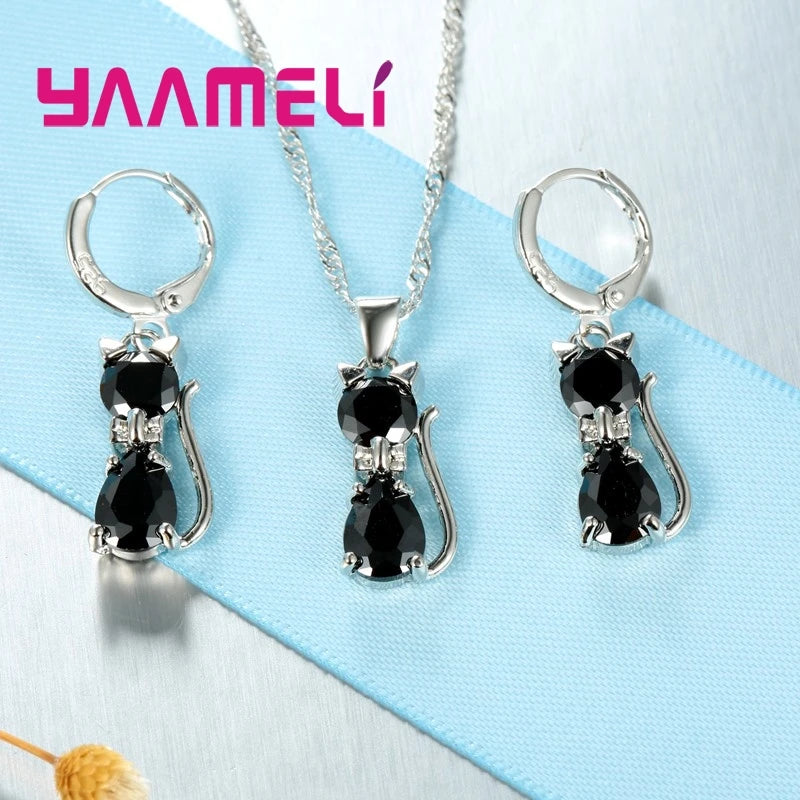 Real 925 Sterling Silver Cat Pendant Jewelry Set - Smarsty