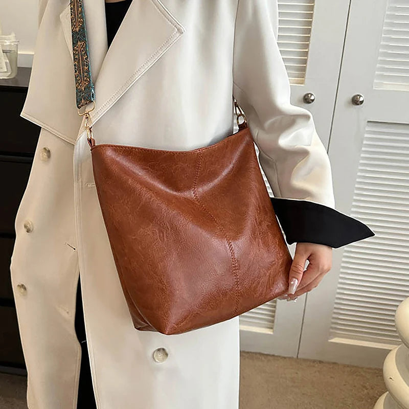 Wide Geometric Strap Shoulder Bag Large Capacity Crossbody Bags For Women,Retro Pu Leather Women's Bag For Shopping Travel - Smarsty