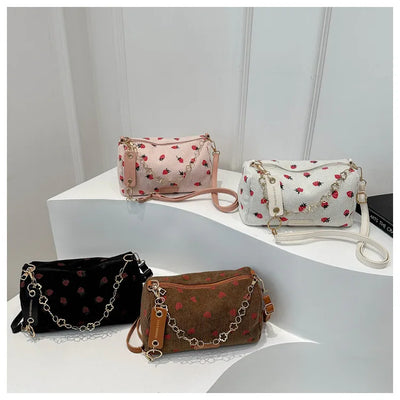 Corduroy Underarm Bag For Women Strawberry Print Mini Tote - Smarsty