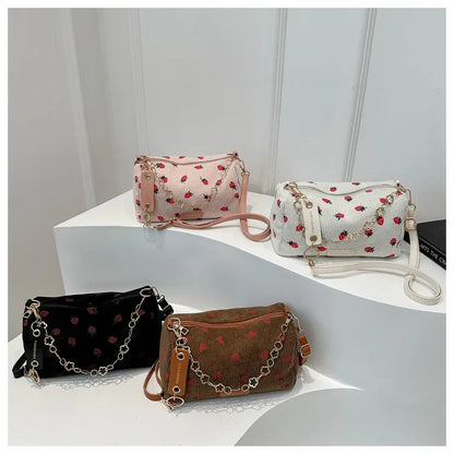 Corduroy Underarm Bag For Women Strawberry Print Mini Tote - Smarsty