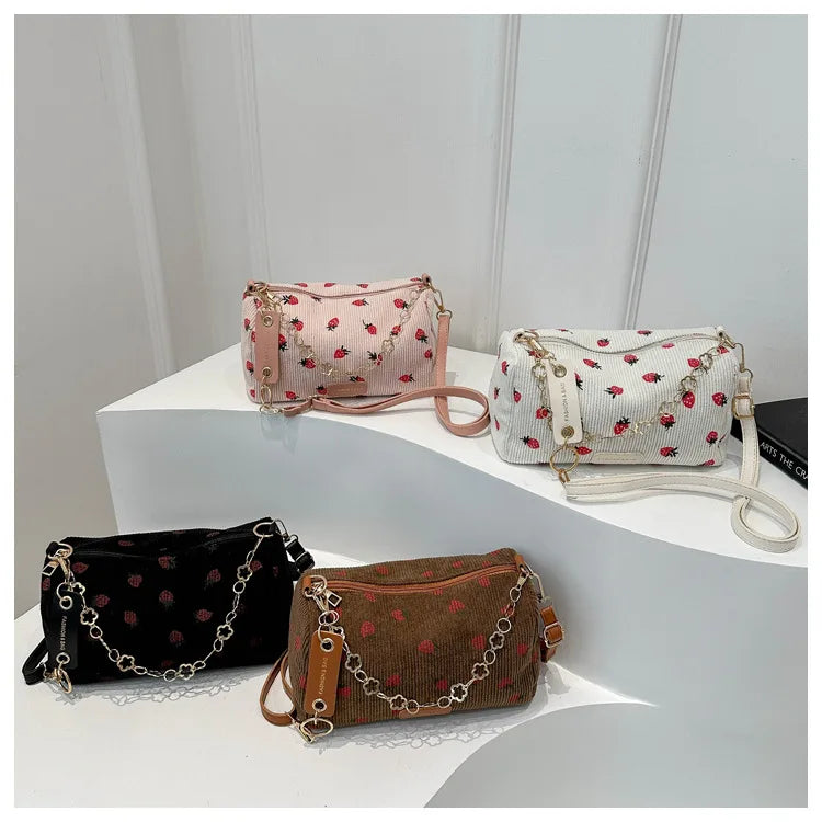 Corduroy Underarm Bag For Women Strawberry Print Mini Tote - Smarsty