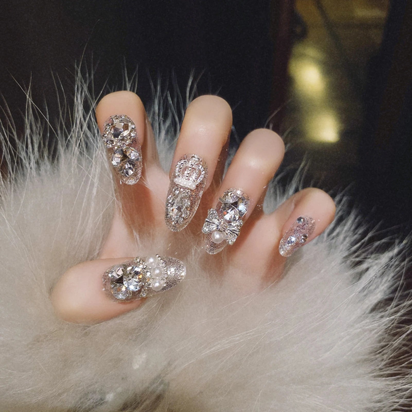 24pcs Pink Crystal Bow Press On Nails for Girls - Smarsty