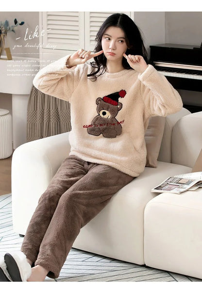2pcs/Set Large Size Padded Thickened Warm Fall And Winter Women's Pajamas Long-Sleeved Long Pants Set Coral Velvet Cartoon Bear - Smarsty