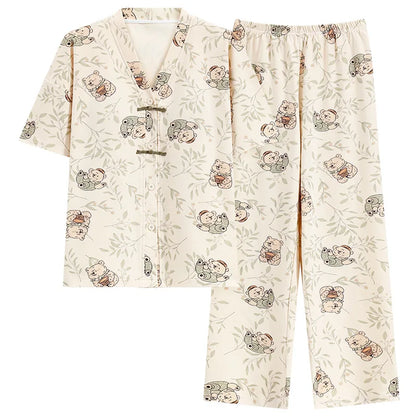 Pigma For Women Cotton Pajama Sleepwear Big Size Pajamas Nightwear Summer Women's Short Sleeved Long Pants Cardigan Pajama Set - Smarsty