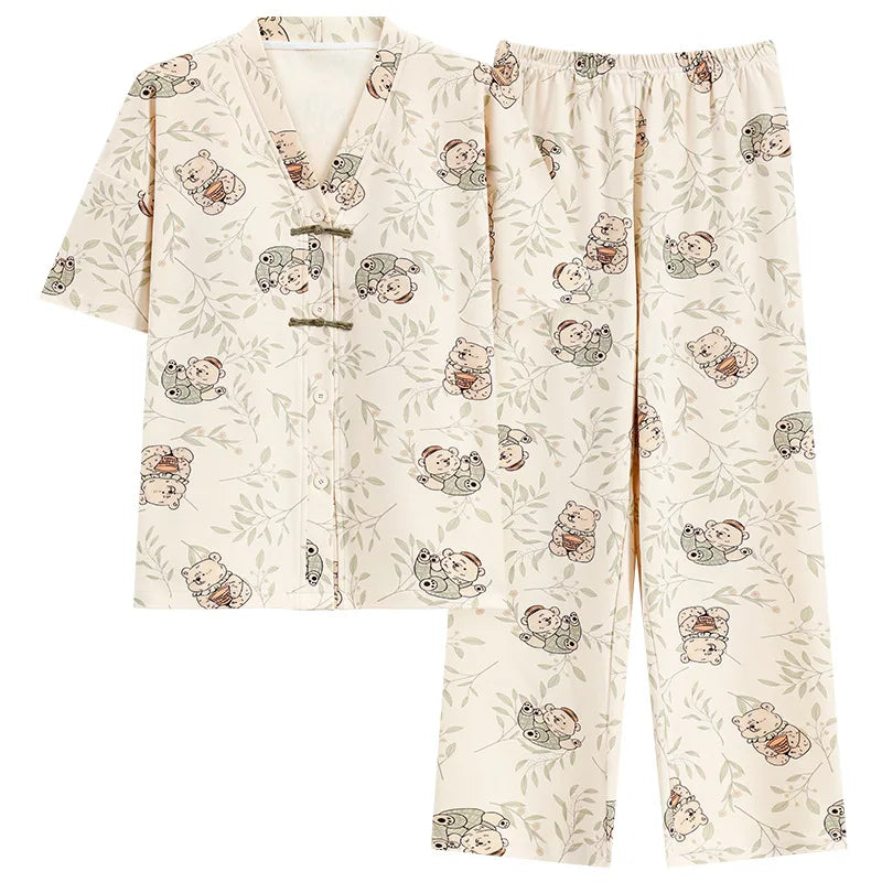 Pigma For Women Cotton Pajama Sleepwear Big Size Pajamas Nightwear Summer Women's Short Sleeved Long Pants Cardigan Pajama Set - Smarsty