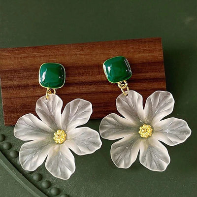 Obega White Flower Drop Earrings for Women with Green Epoxy - Smarsty