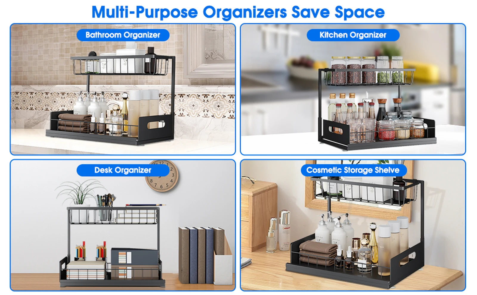 Under Sink 2 Tier Sliding Cabinet Basket Organizer Drawer Pull Out Cabinet Multi-Purpose  Sink Organizer for Bathroom Kitchen