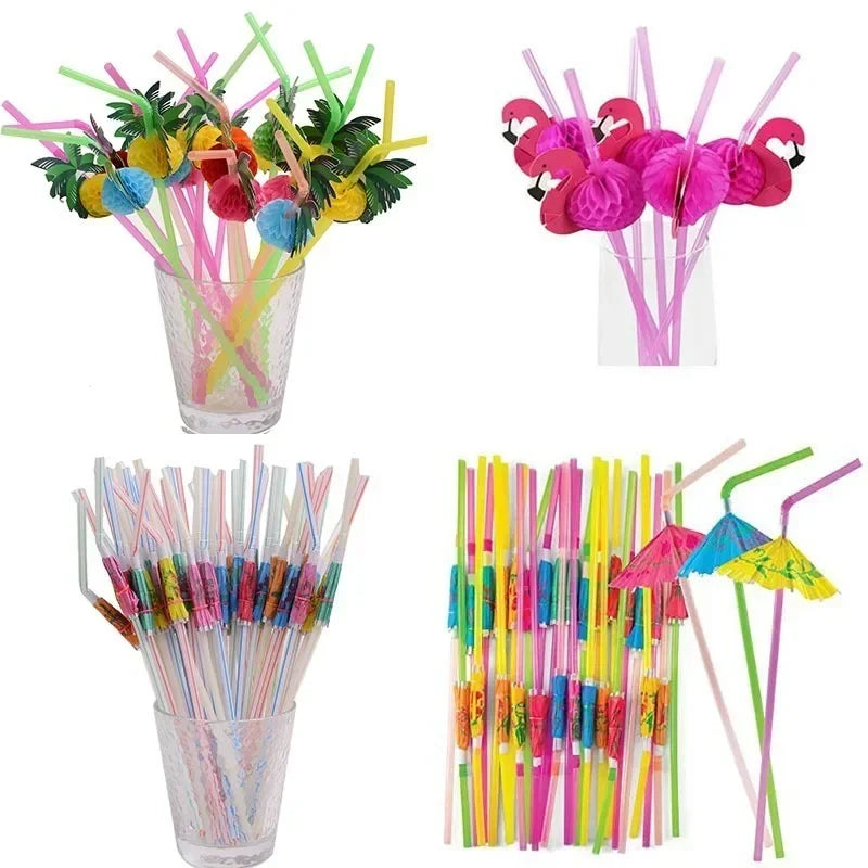Flamingo Drinking Straws with Tropical Umbrellas for Parties - Smarsty