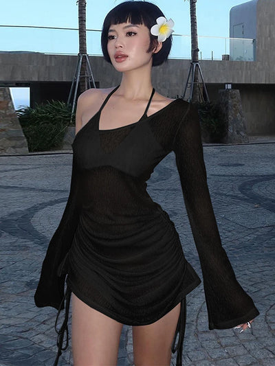 Dulzura Solid Skew Collar Ruched Straps Lace-Up See Through Draw String Mini Dress 2023 Summer  Women Party Clubwear Wholesale - Smarsty
