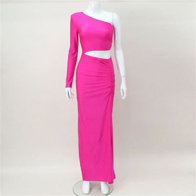 CNYISHE One Shoulder Cut Out Split Ruched Maxi Dress for Women Elegant Party Prom Gown Dresses Woman Sexy Birthday Outfits Robes - Smarsty