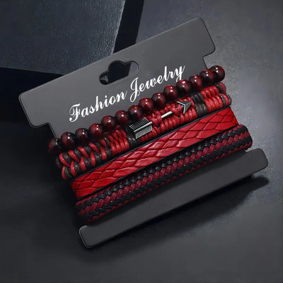 Vintage Mens Leather Bracelet Wooden Beaded Hand Woven Fashion - Smarsty