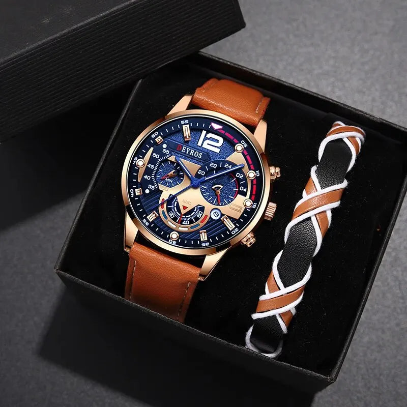 Luxury Men's Quartz Watch Set with Brown Leather Band - Smarsty
