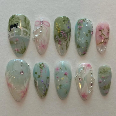 24 Piece Pink Almond Fake Nail Set With Bowknot Design - Smarsty