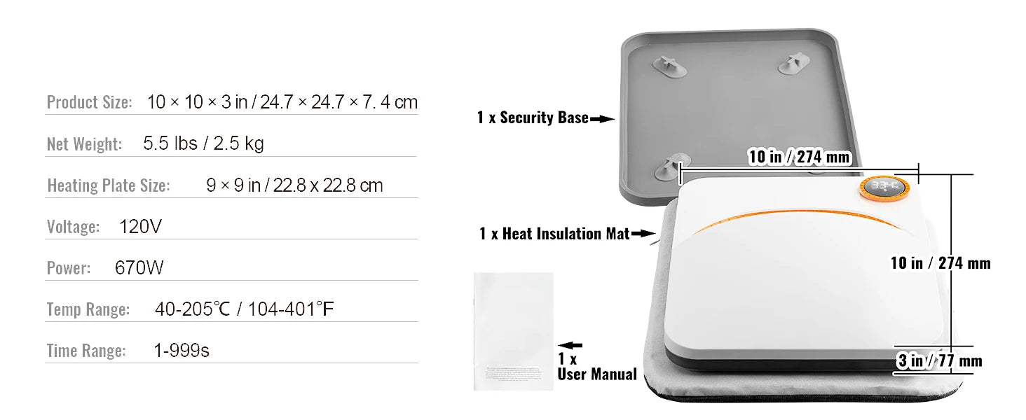 SucceBuy 9x9/12x10 in Portable Heat Press Machine DIY Shirt Printing Multifunctional Sublimation Transfer HTV Vinyl T-shirt Bag - Smarsty