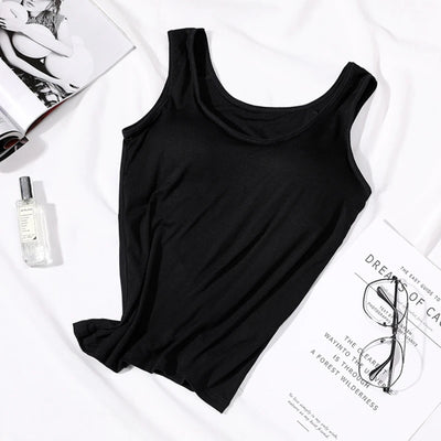 2023 Women's Vest Tops with Built In Bra Neck Vest Solid Color Padded Slim Fit Tank Tops Sexy Shirts Feminino Casual Tank Tops - Smarsty