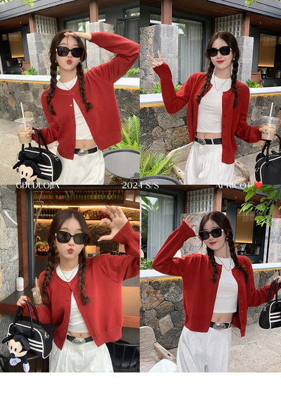 AOSSVIAO Women's Long Sleeve 2025 Cardigan O Neck Button Down Knit Lady Autumn Spring Knitted Single-breasted Cardigan Sweaters - Smarsty