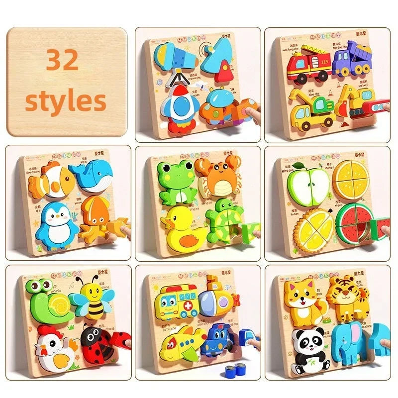 Montessori Cartoon 3D Wooden Puzzle Animal Traffic Jigsaw Toys for Kids Early Learning Educational Cognitive Game Children Gifts by Smarsty