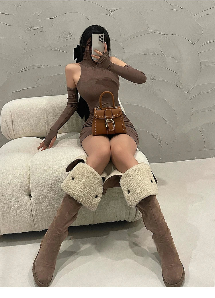 Summer Sexy High Neck Tight Dress Oversleeve Pleated Bottom Wrapped Hip Dress Women Bodycon - Smarsty