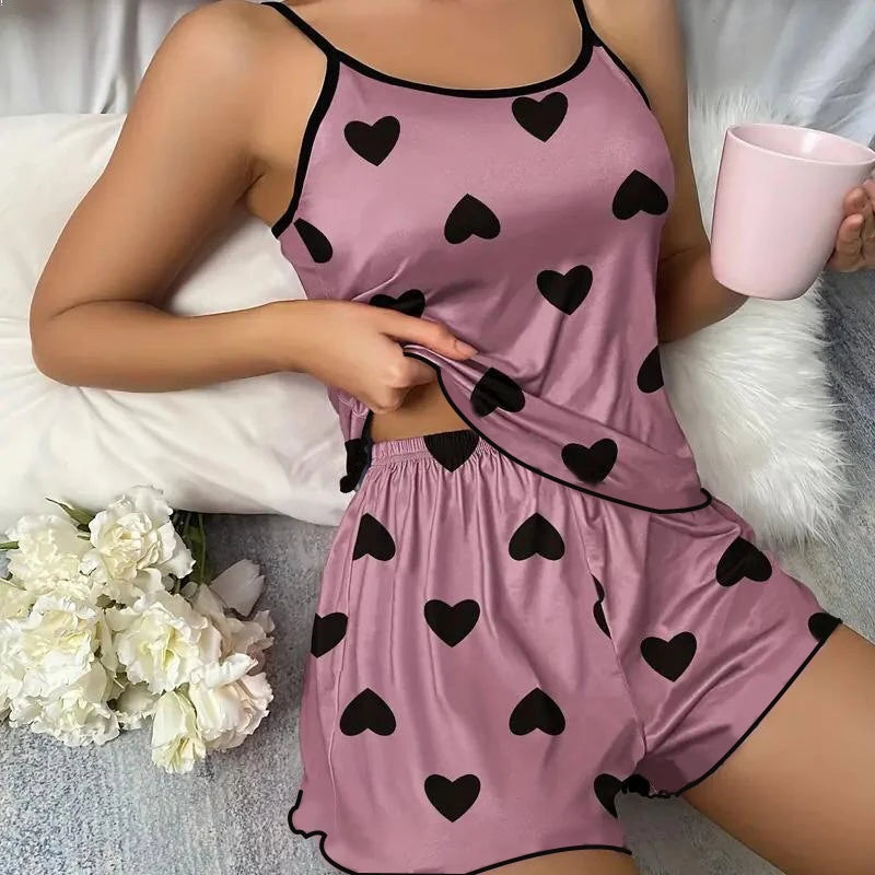 Women's Pajama Set Pajamas T-Shirts Shorts Pink Heart-Shaped Print Round Neck T-Shirt Ice Silk Top Comfortable Casual Summer ﻿ - Smarsty