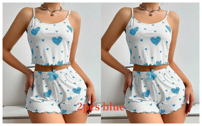 Women's Pajamas Set Sleepwear 2 PCS Short Tank Tops And Shorts S M L White Ventilate Soft Casual Love Printing - Smarsty