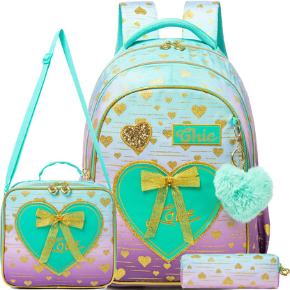 Girls Backpack With Bowknot Ribbon And Lunch Bag Pen Case - Smarsty