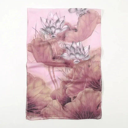 Lightweight Silk Lotus Print Scarf for Women Sun Protection - Smarsty