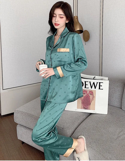 Top Autumn New Ice Silk Women Pajama Lapel Button Cardigan Outfits for Women 2 Piece Set Fashion Printing Set Clothes for Women - Smarsty