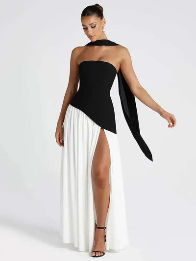 Mozision Strapless Off-shoulder Sexy Maxi Dress For Women Gown Patchwork Scarf Collar Thigh High Split Club Party Long Dress - Smarsty