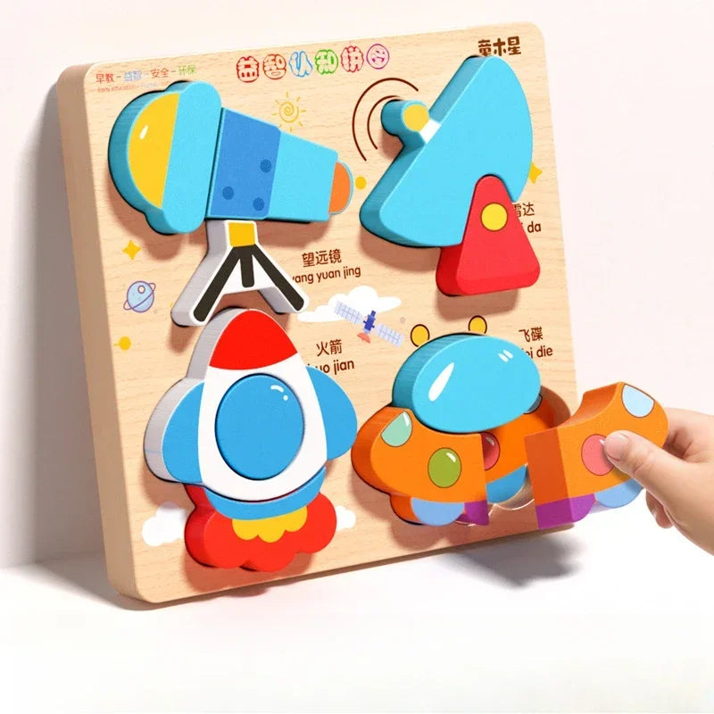 Montessori Cartoon 3D Wooden Puzzle Animal Traffic Jigsaw Toys for Kids Early Learning Educational Cognitive Game Children Gifts by Smarsty