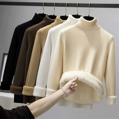 Turtleneck Winter Sweater Women Elegant Thicken Velvet Lined Warm Sueter Knitted Pullover Slim Tops Jersey Knitwear Jumper New - Smarsty