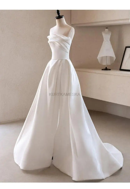 French Luxury White Satin Trailing Wedding Dresses for Bride 2025 Women Elegant Sexy Strapless Long Prom Party Dress vestidos