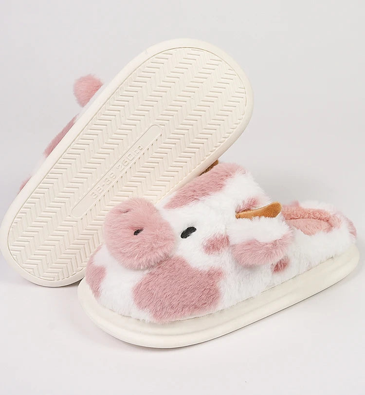 Casual Fluffy Slippers Women House Cute Cartoon Cow Designer Shoes Girl Flat Fashion Elegant Plush Winter Platform Footwear Home - Smarsty