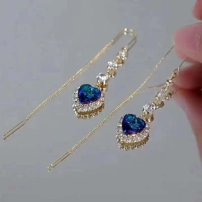 Blue Heart Shaped Zircon Drop Earrings for Elegant Women - Smarsty