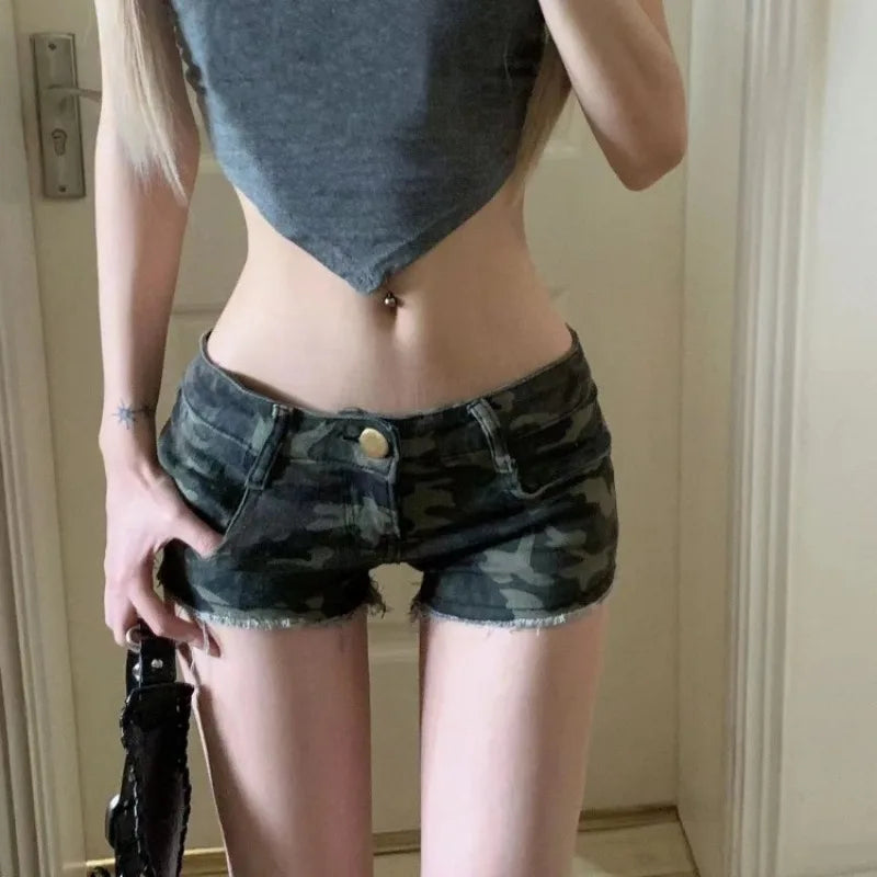 Vintage Sexy Camouflage Denim Shorts 2025 Summer New Straight Jeans for Women Y2k Grunge Low-waisted Bodycon Ropa Mujer