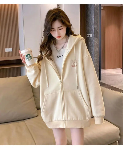 Women Embroidery Print Sporty Chic Hoodies Casual Zip Up Long Sleeve Loose Jacket Coats Harajuku Hooded Sweatshirts Streetwear - Smarsty