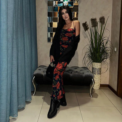 Flowers Print Spaghetti Strap Dresses Women Temperament Package Hip Bodycon Long Dress Fashion Sexy Backless Lady Slim Vestidos