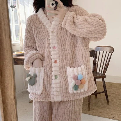 Thickened Warm Flannel Women Sleepwear Loungewear Cardigan Suit Winter Sweet Kawaii Soft Fairy Wind Ladies Pajamas Homewear - Smarsty