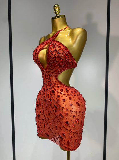 Sexy Sparkly Diamond Backless Short Dress 2025 Women Sleeveless Mesh See Through Evening Birthday Gown Singer Stage Outfit - Smarsty