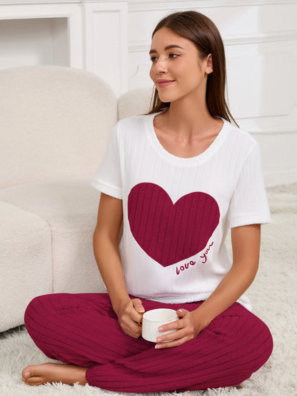 Women's new style pajamas set heart pattern short sleeve shirt trousers two-piece simple and lovely casual home wear - Smarsty
