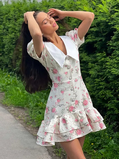 Sweet Floral Printed Ruffle Hem Dress Chic A-line Lapel Puff Sleeve Dresses For Women 2025 Summer Lady Holiday Street Gowns New