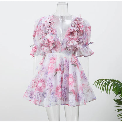 Women Mesh Patchwork Flower Print Mini Dress Elegant V-neck Short Sleeve High Waist A-line Dresses 2025 New High Street Vestidos - Smarsty