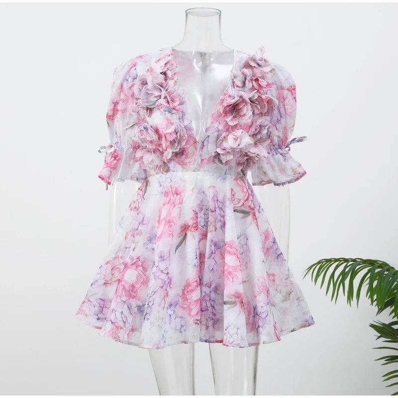 Women Mesh Patchwork Flower Print Mini Dress Elegant V-neck Short Sleeve High Waist A-line Dresses 2025 New High Street Vestidos - Smarsty