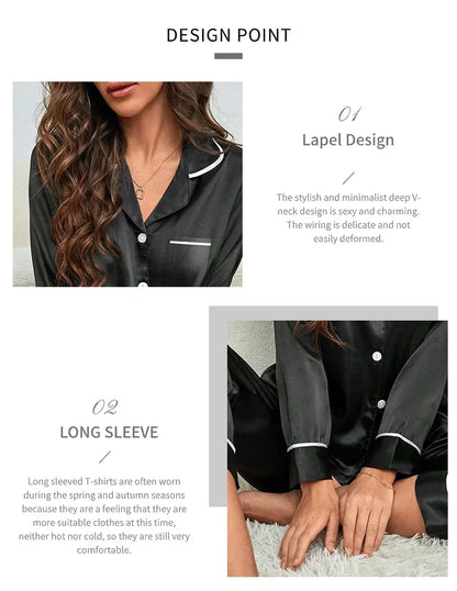Plus Size Autumn and Winter Silk Pajamas Women Tops and Pants Solid Casual Soft Nightwear Buttons Cardigan Sleepwear Homewear - Smarsty