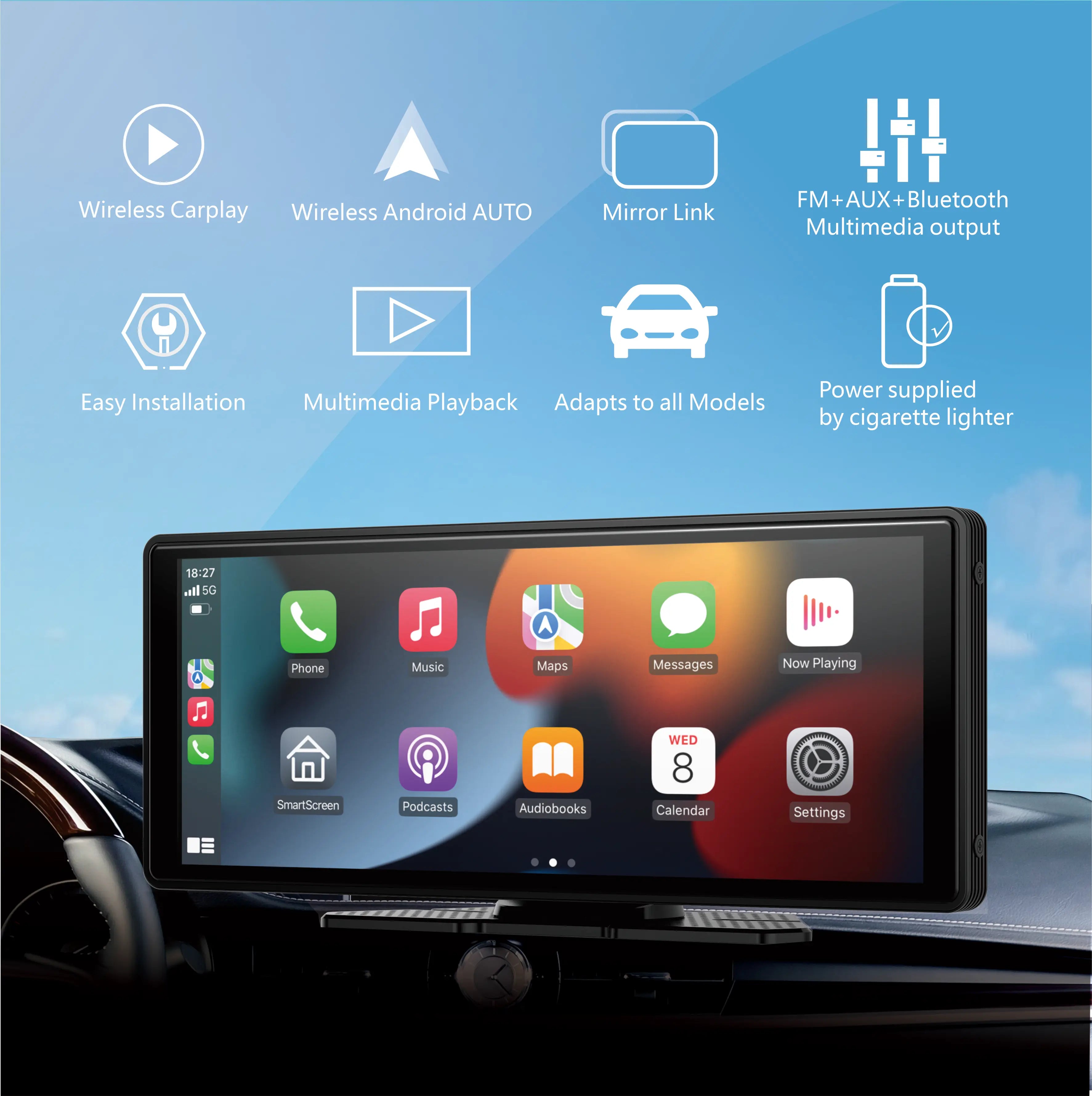 Pionray 10.26” CarPlay Android Auto Car Radio Multimedia Video Player IPS Touch Screen With AUX USB Supports Reversing Camera