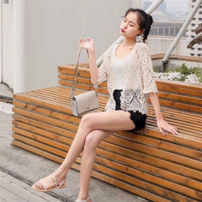 Women Knitted Lace Shrug Boho Hollow Crochet Floral 3/4 Sleeves Open Front Cropped Cardigan Elegant Mesh Sweater Coveup - Smarsty
