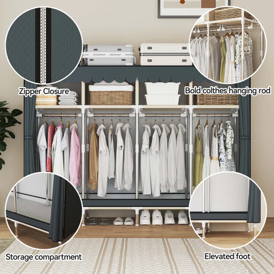 Heavy Duty Fabric Wardrobe 78.7x17.7x66.9in - 4 Hanging Rods & 4 Storage Spaces, 16mm Metal Frame with Thick Dust Cover - Smarsty