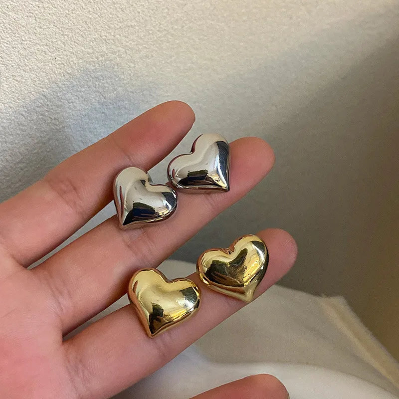 Gold Heart Stud Earrings Minimalist Smooth Bridal Wedding - Smarsty